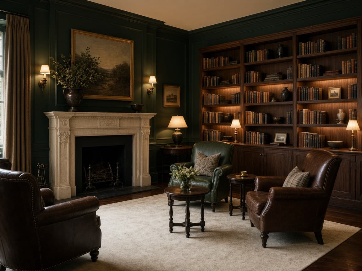 Drawing room at Belgrave House with deep green walls and warm lamps